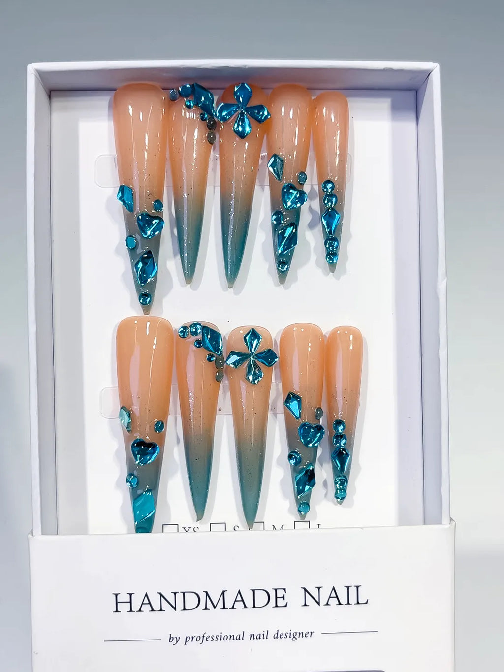 L168 - Long Nude Blue Stiletto Ombre Butterfly Rhinestone