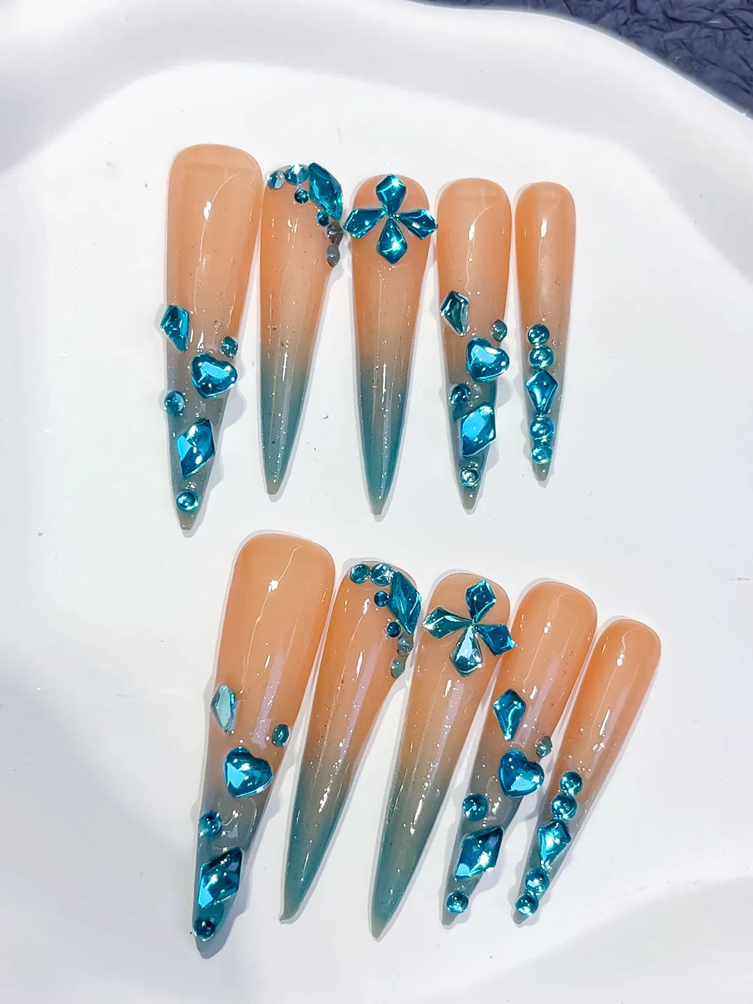 L168 - Long Nude Blue Stiletto Ombre Butterfly Rhinestone
