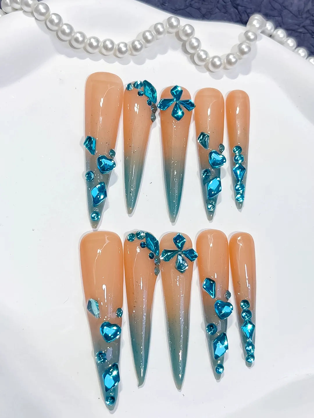 L168 - Long Nude Blue Stiletto Ombre Butterfly Rhinestone