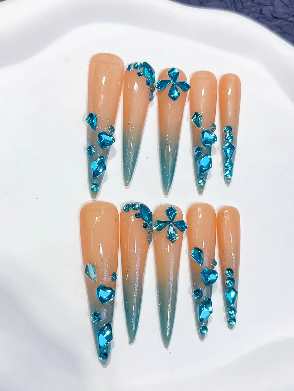 L168 - Long Nude Blue Stiletto Ombre Butterfly Rhinestone