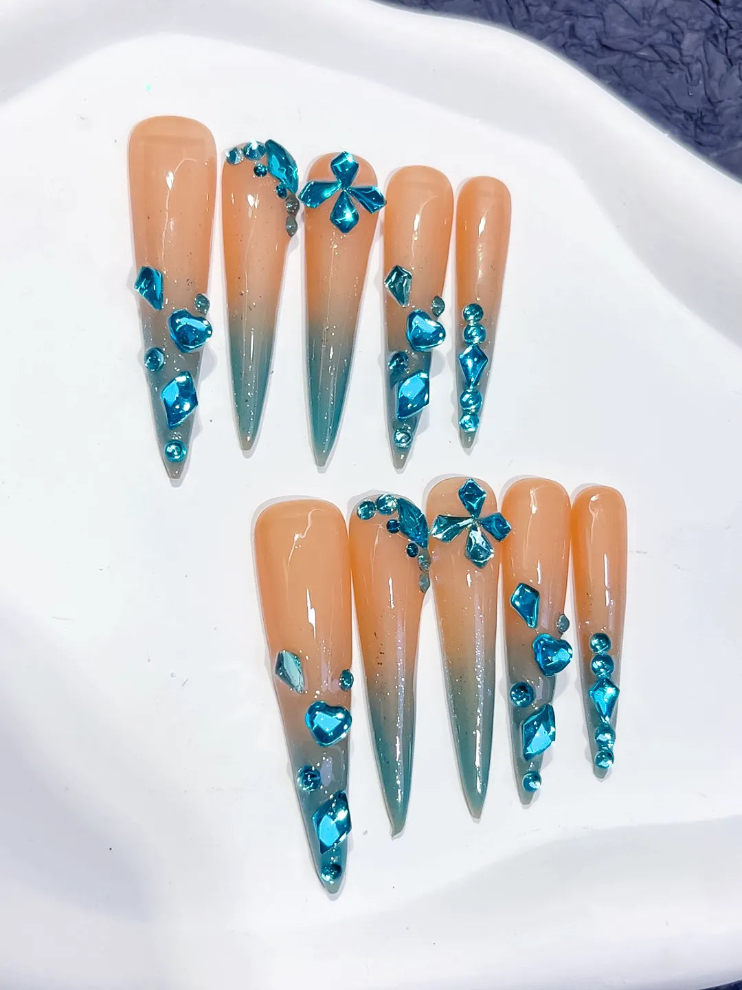 L168 - Long Nude Blue Stiletto Ombre Butterfly Rhinestone
