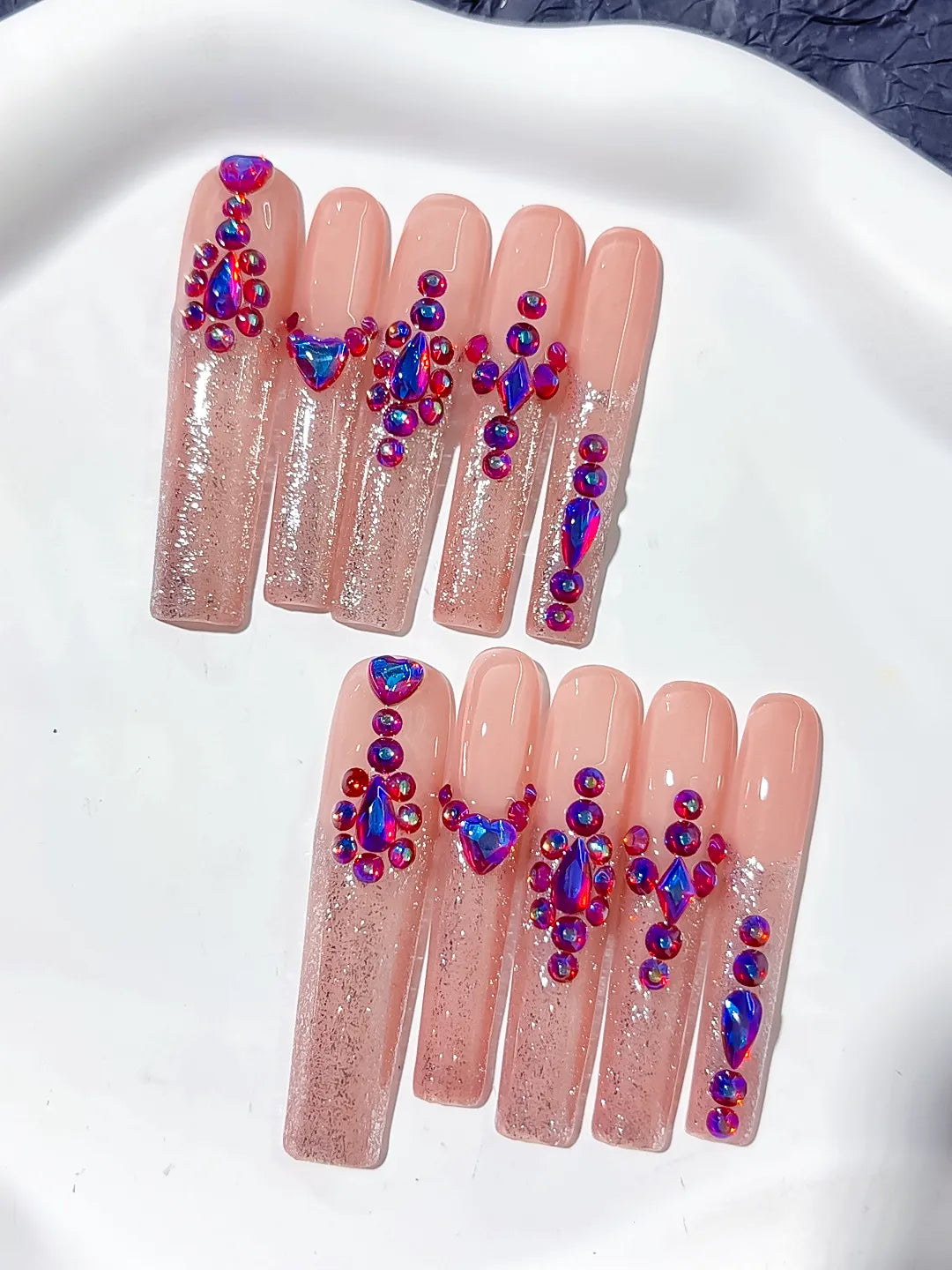 L169 - Long Nude Pink Square Glitter Heart Rhinestone