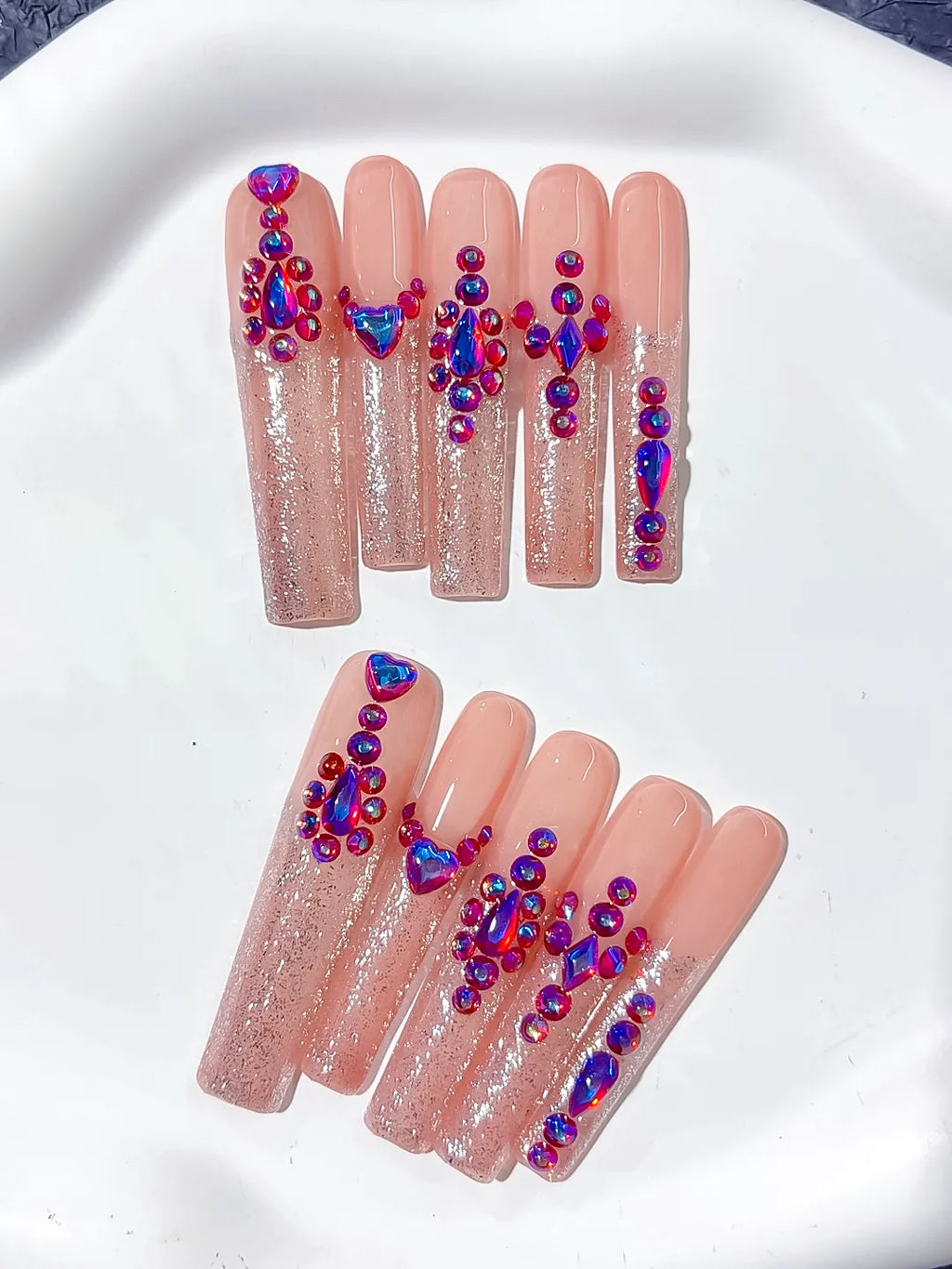 L169 - Long Nude Pink Square Glitter Heart Rhinestone