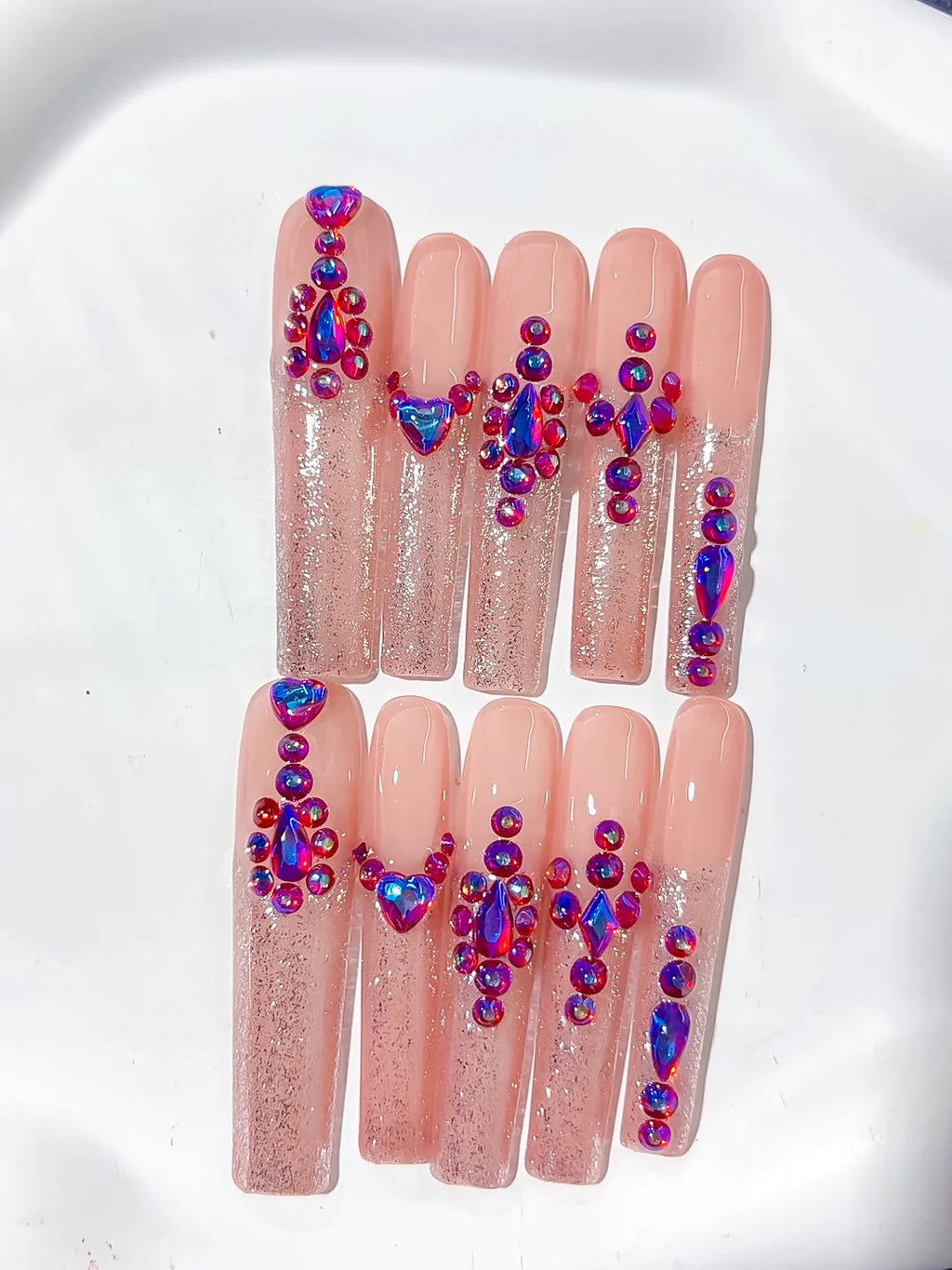 L169 - Long Nude Pink Square Glitter Heart Rhinestone