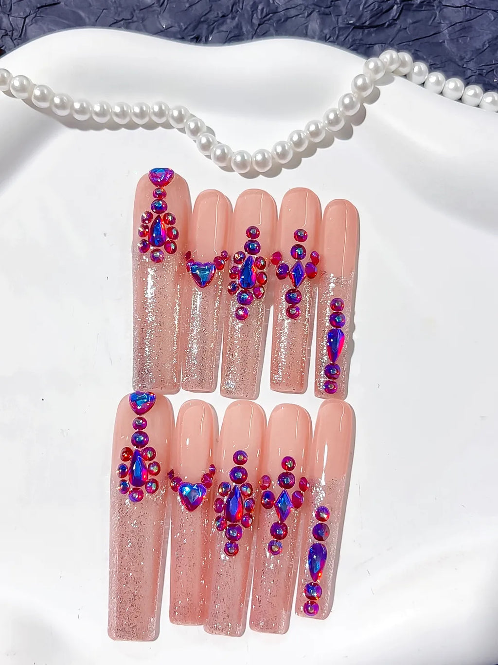 L169 - Long Nude Pink Square Glitter Heart Rhinestone