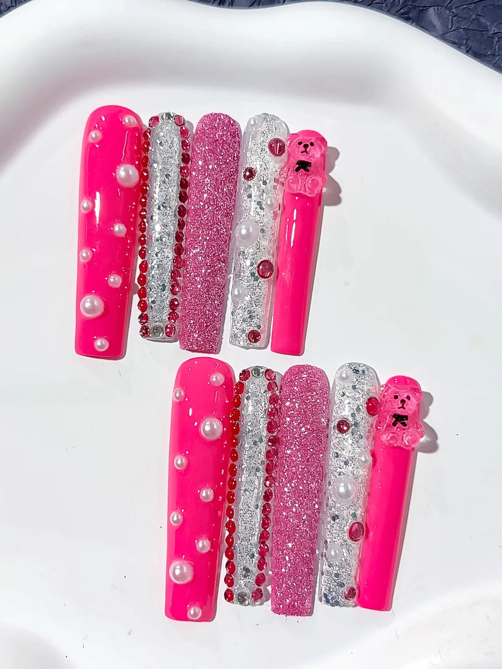 L170 - Long Pink Silver Square Glitter Bear Pearl