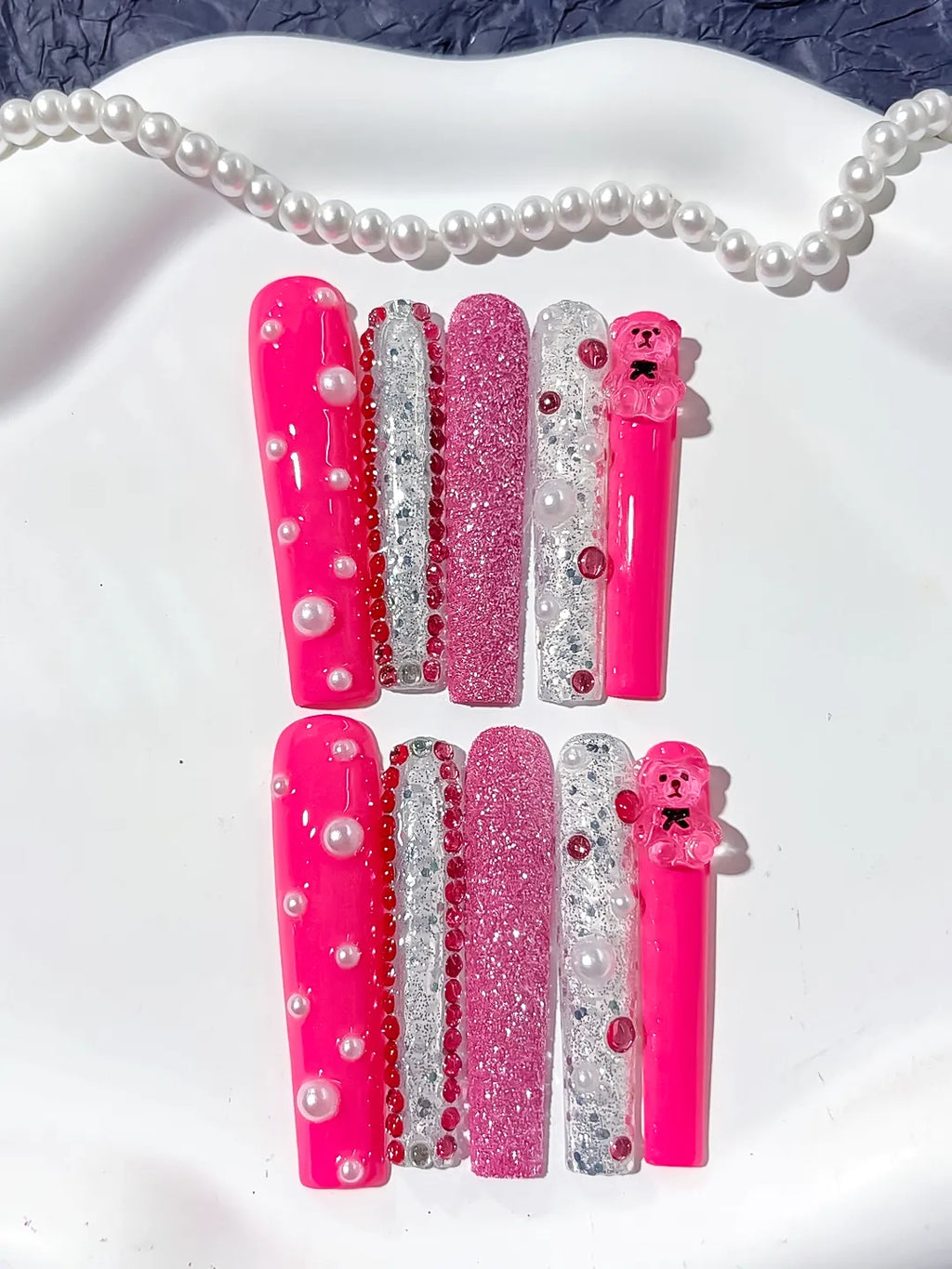 L170 - Long Pink Silver Square Glitter Bear Pearl