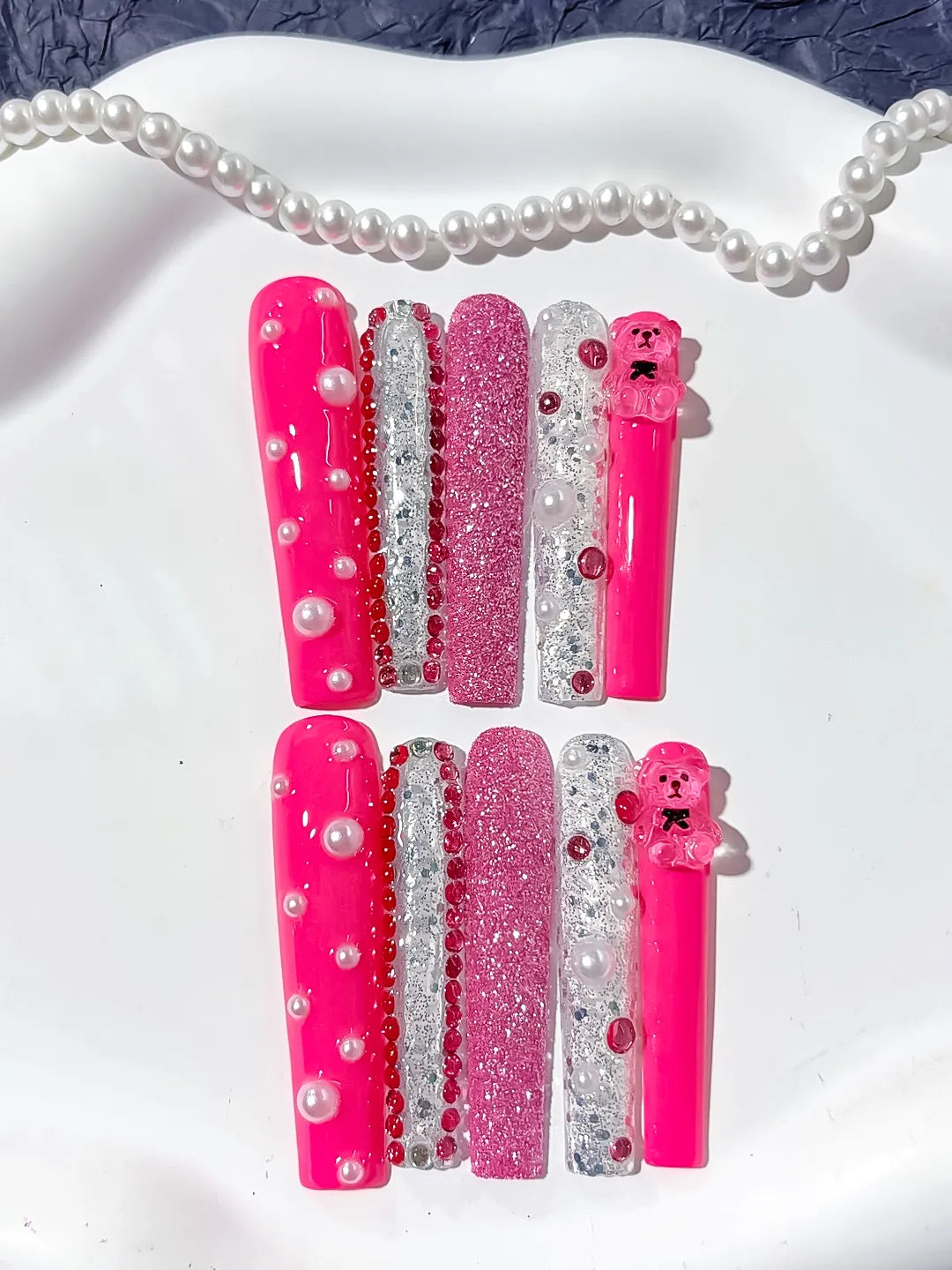 L170 - Long Pink Silver Square Glitter Bear Pearl