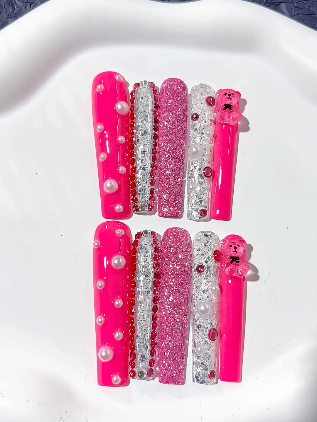 L170 - Long Pink Silver Square Glitter Bear Pearl