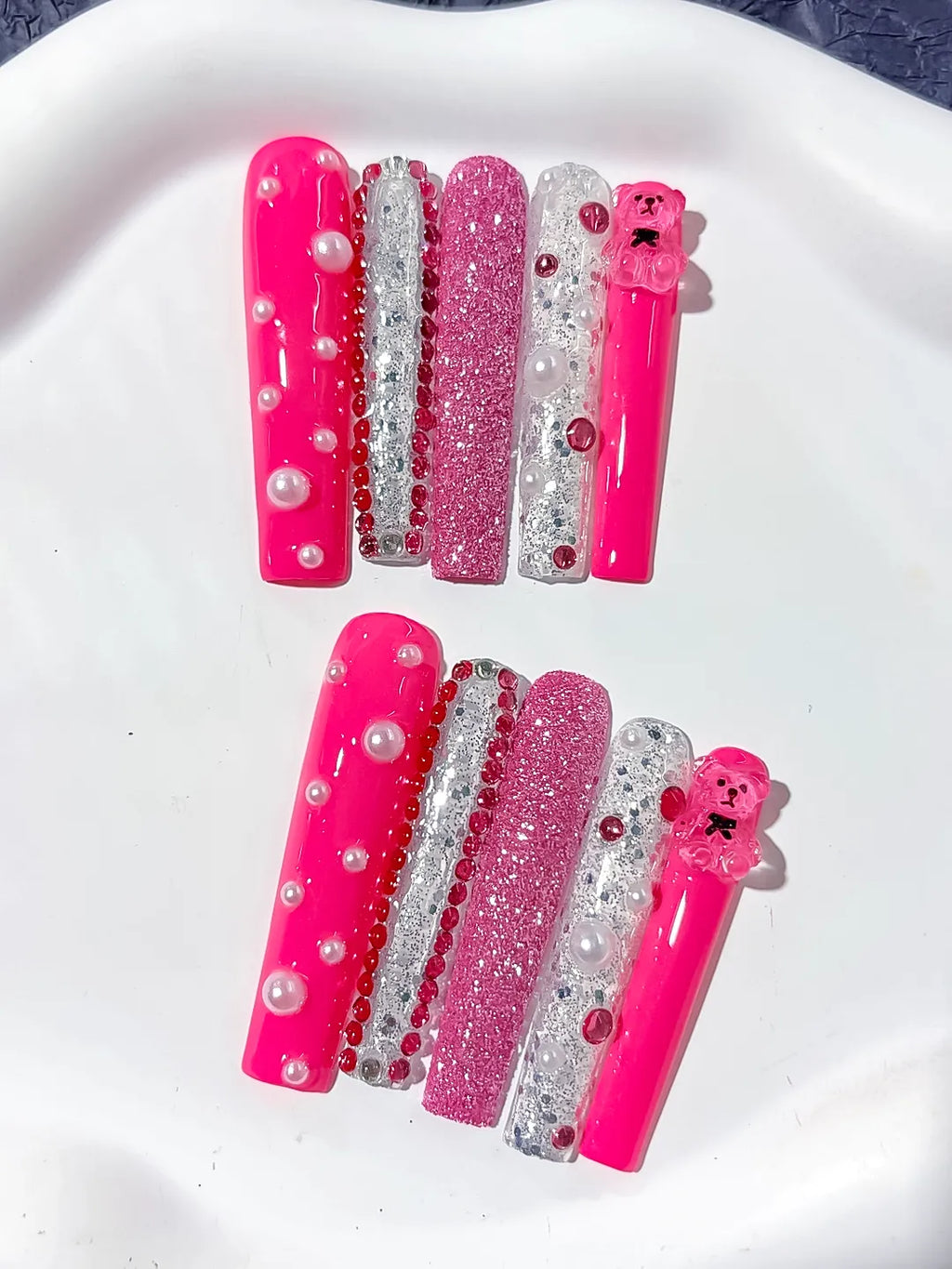 L170 - Long Pink Silver Square Glitter Bear Pearl