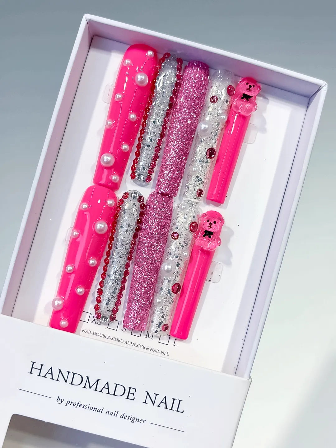 L170 - Long Pink Silver Square Glitter Bear Pearl