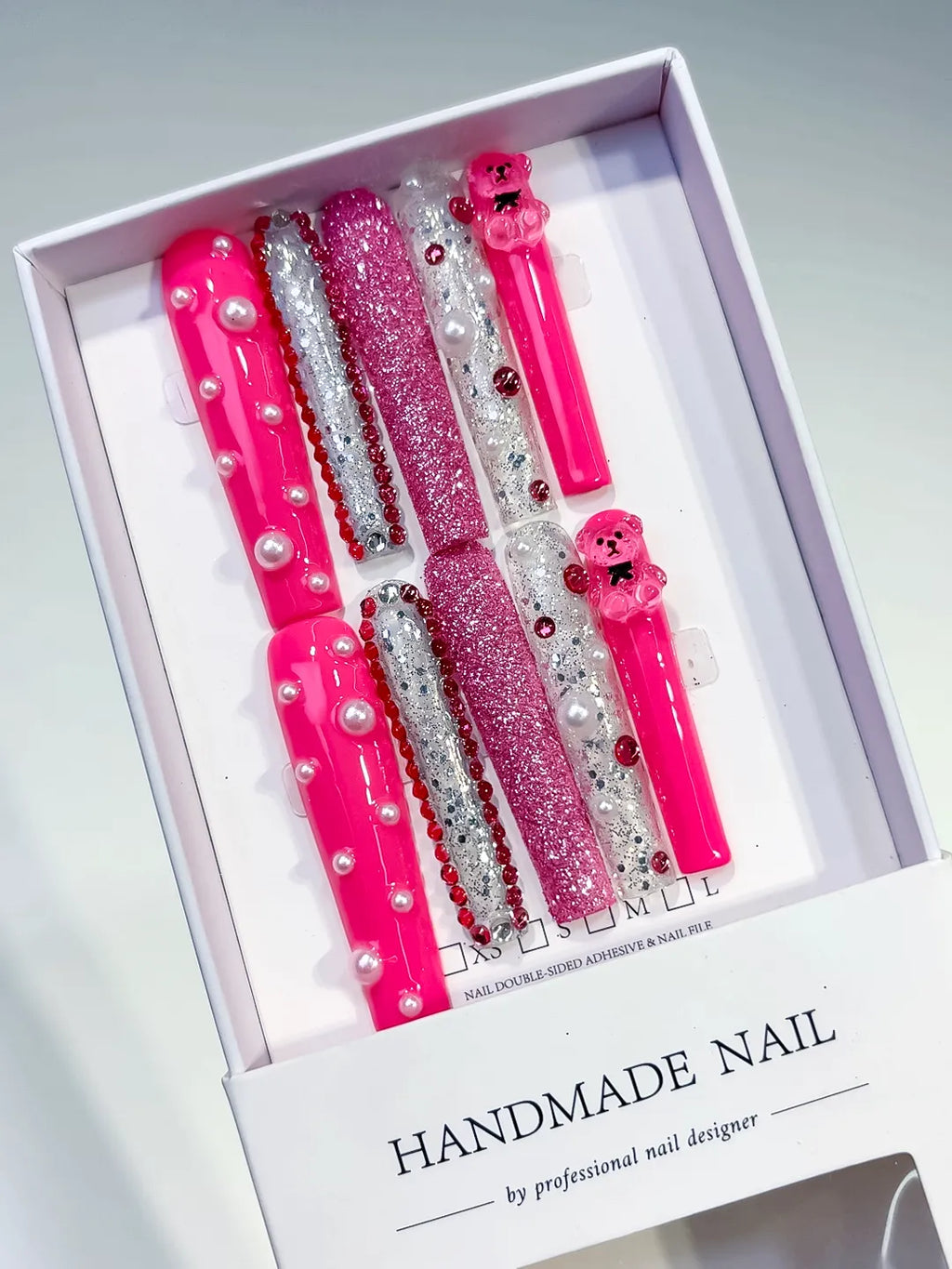 L170 - Long Pink Silver Square Glitter Bear Pearl