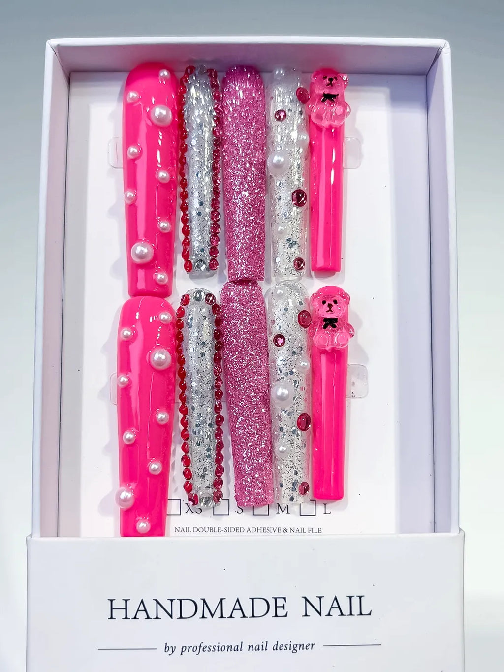 L170 - Long Pink Silver Square Glitter Bear Pearl