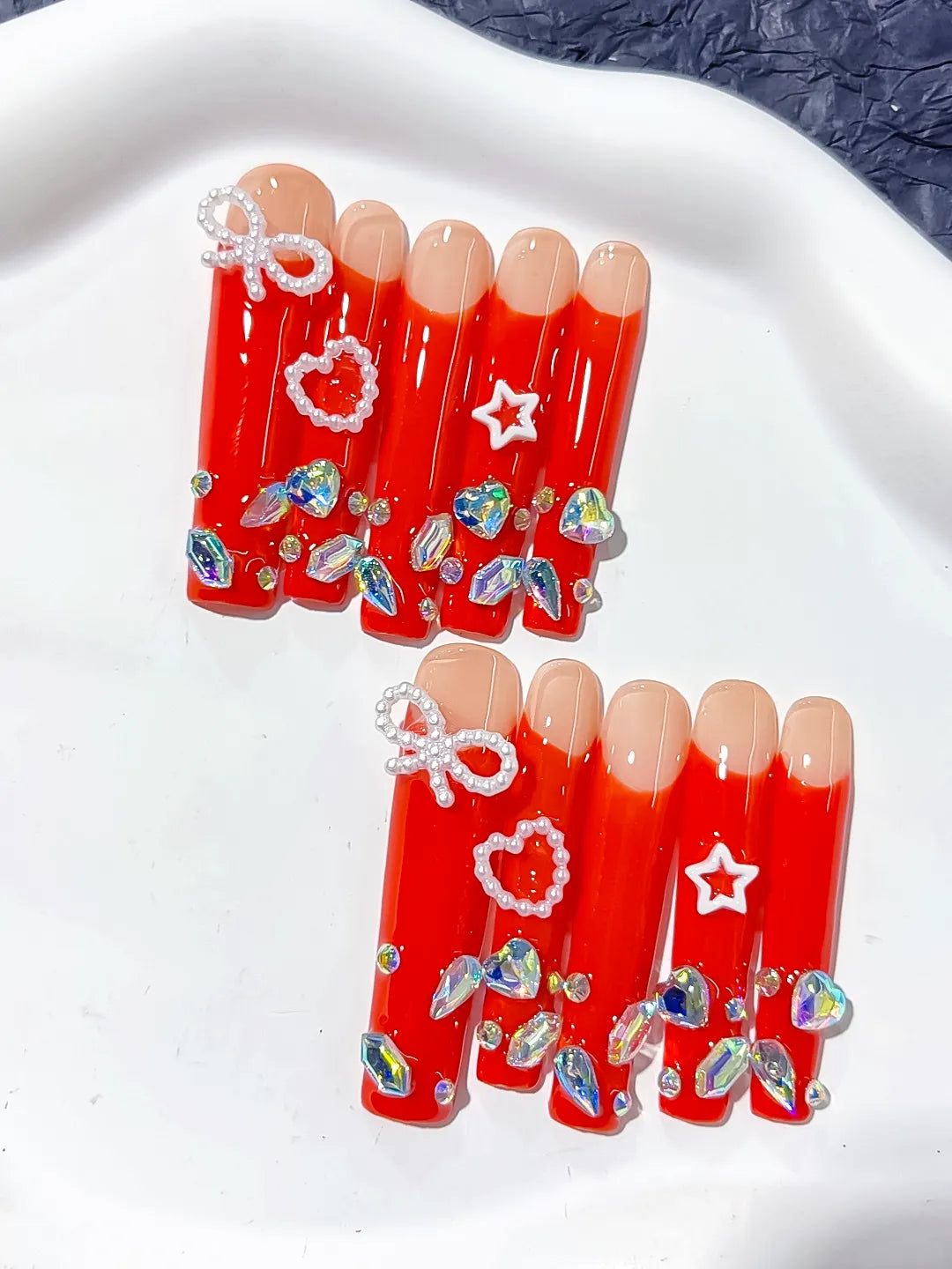 L171 - Long Red White Square Solid color Bow Heart