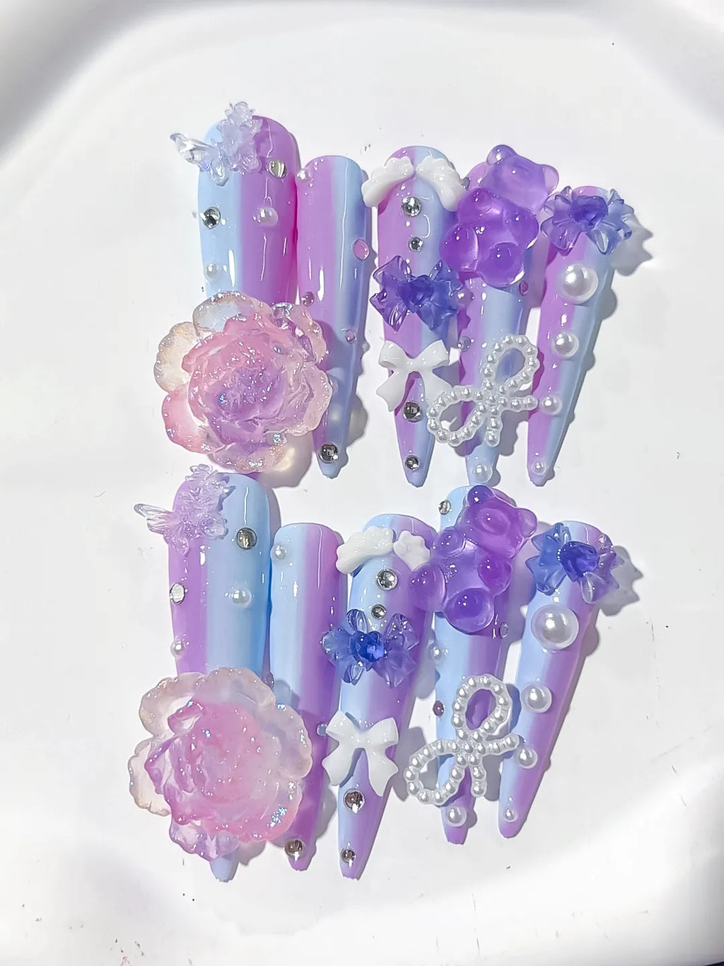 L173 - Long Purple Blue Stiletto Ombre Flower Bow