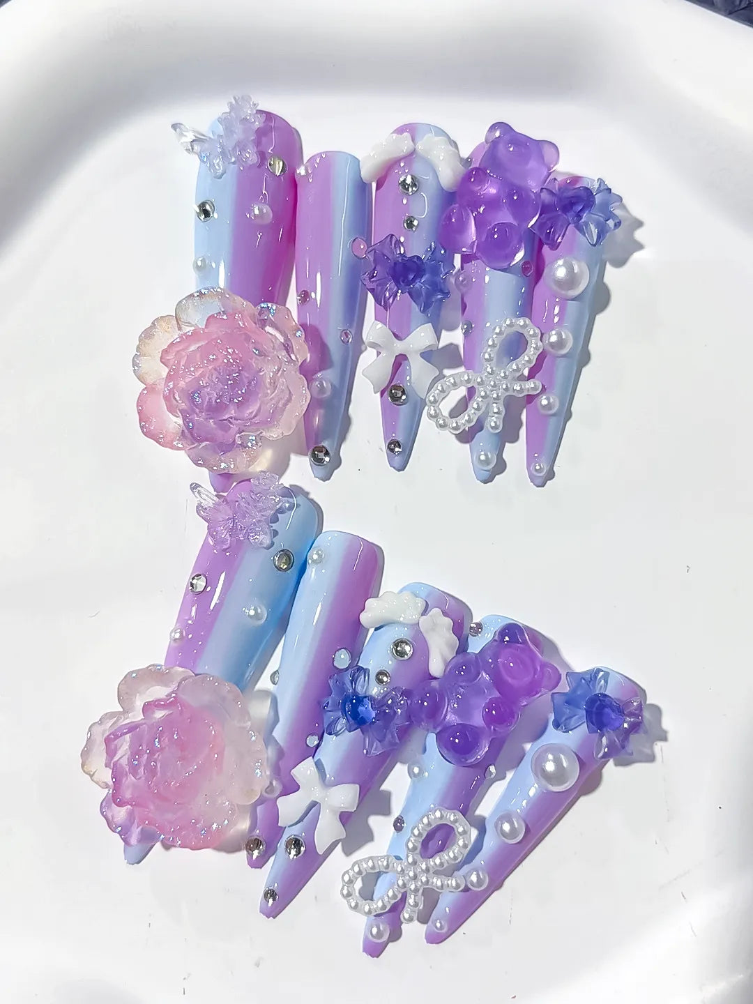 L173 - Long Purple Blue Stiletto Ombre Flower Bow