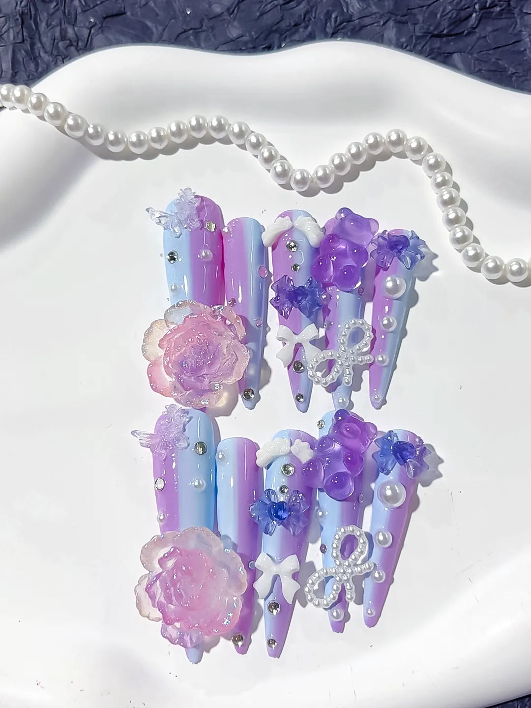 L173 - Long Purple Blue Stiletto Ombre Flower Bow