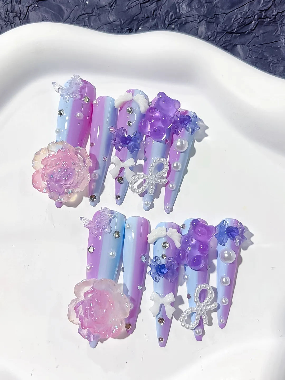 L173 - Long Purple Blue Stiletto Ombre Flower Bow