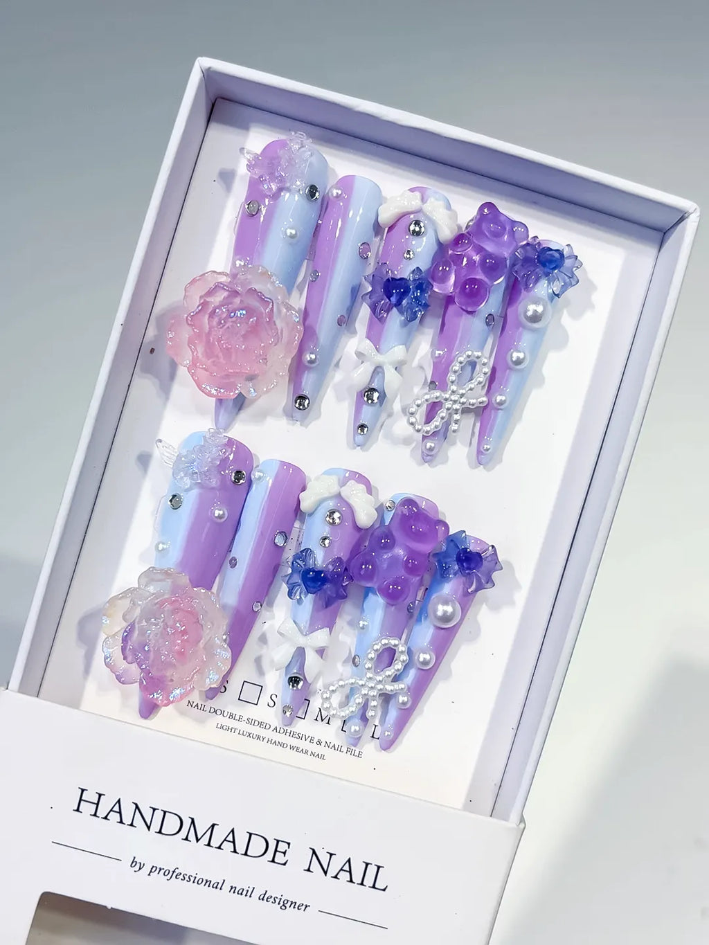 L173 - Long Purple Blue Stiletto Ombre Flower Bow