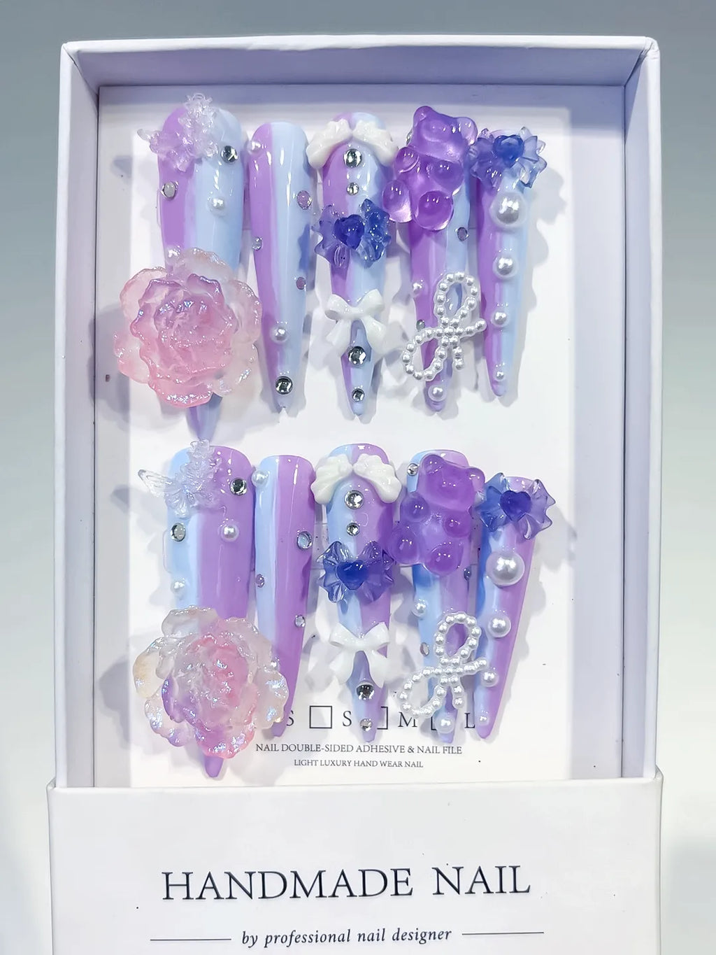 L173 - Long Purple Blue Stiletto Ombre Flower Bow