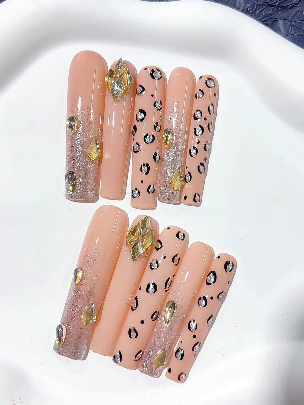 L174 - Long Nude Gold Square Abstract Animal Print Rhinestone