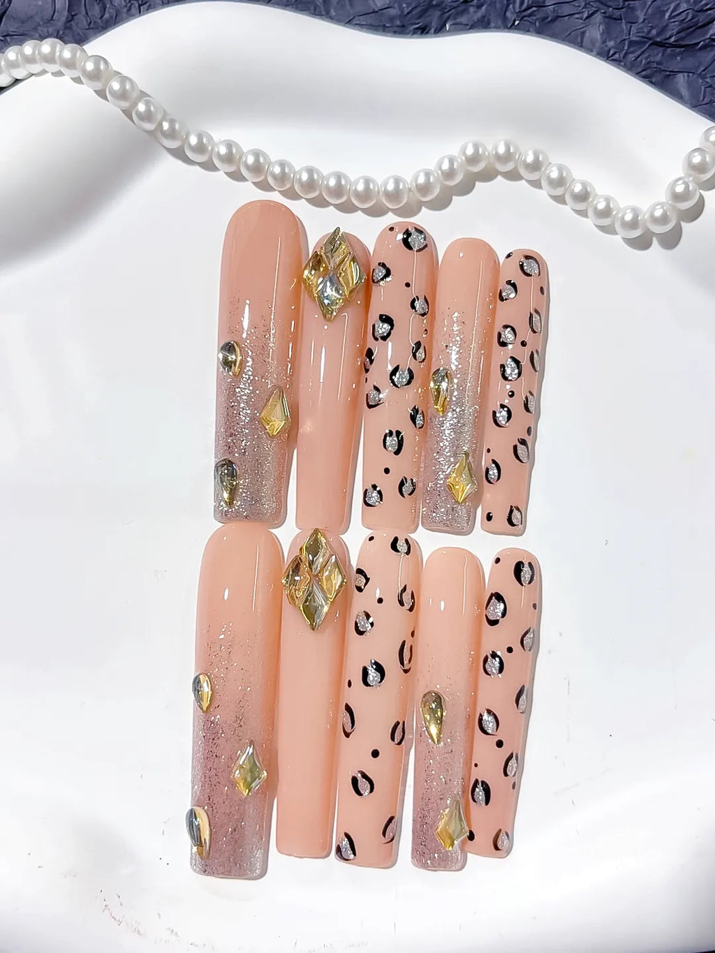 L174 - Long Nude Gold Square Abstract Animal Print Rhinestone