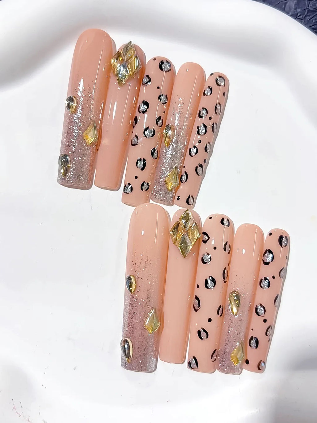 L174 - Long Nude Gold Square Abstract Animal Print Rhinestone