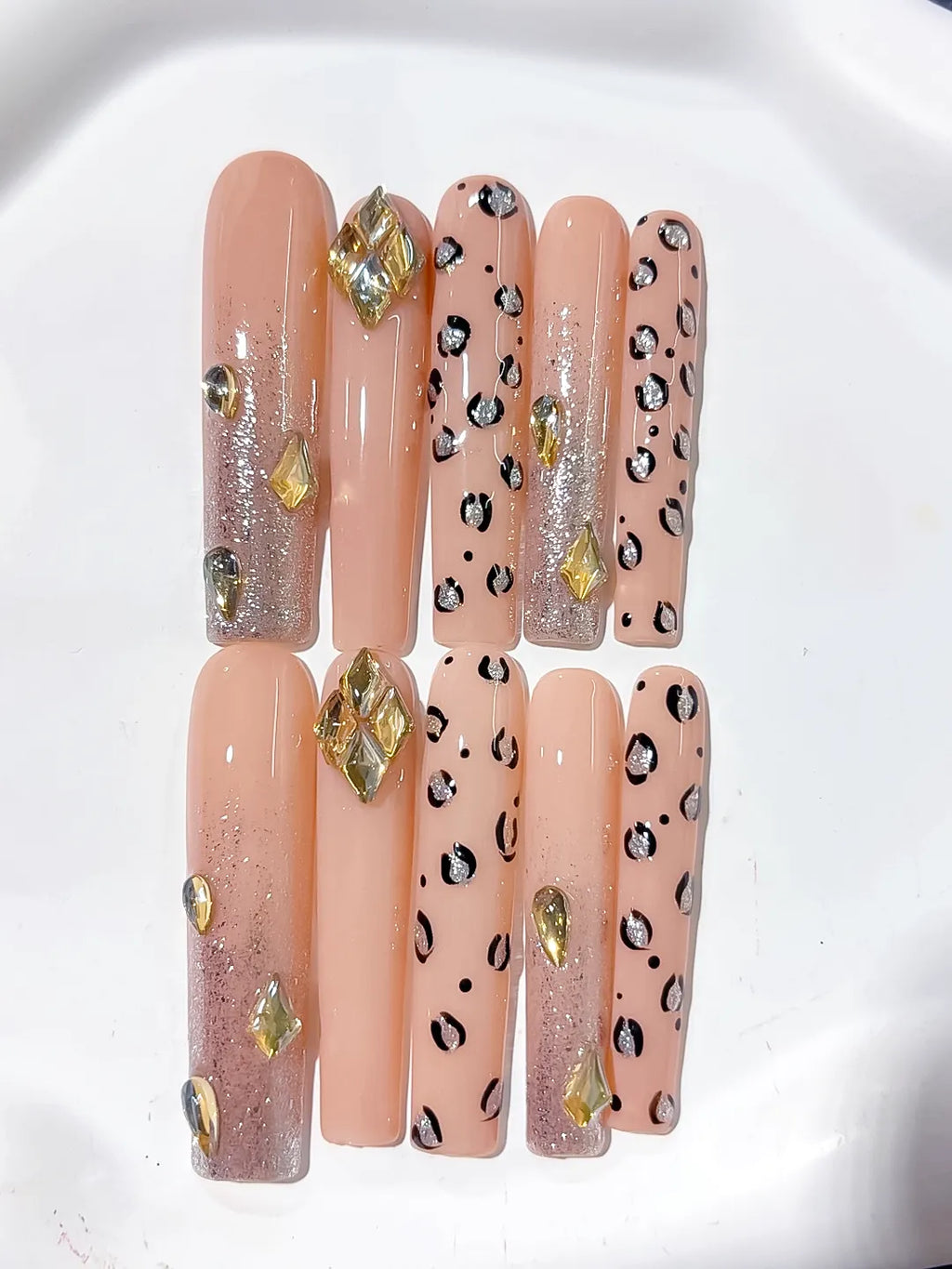 L174 - Long Nude Gold Square Abstract Animal Print Rhinestone