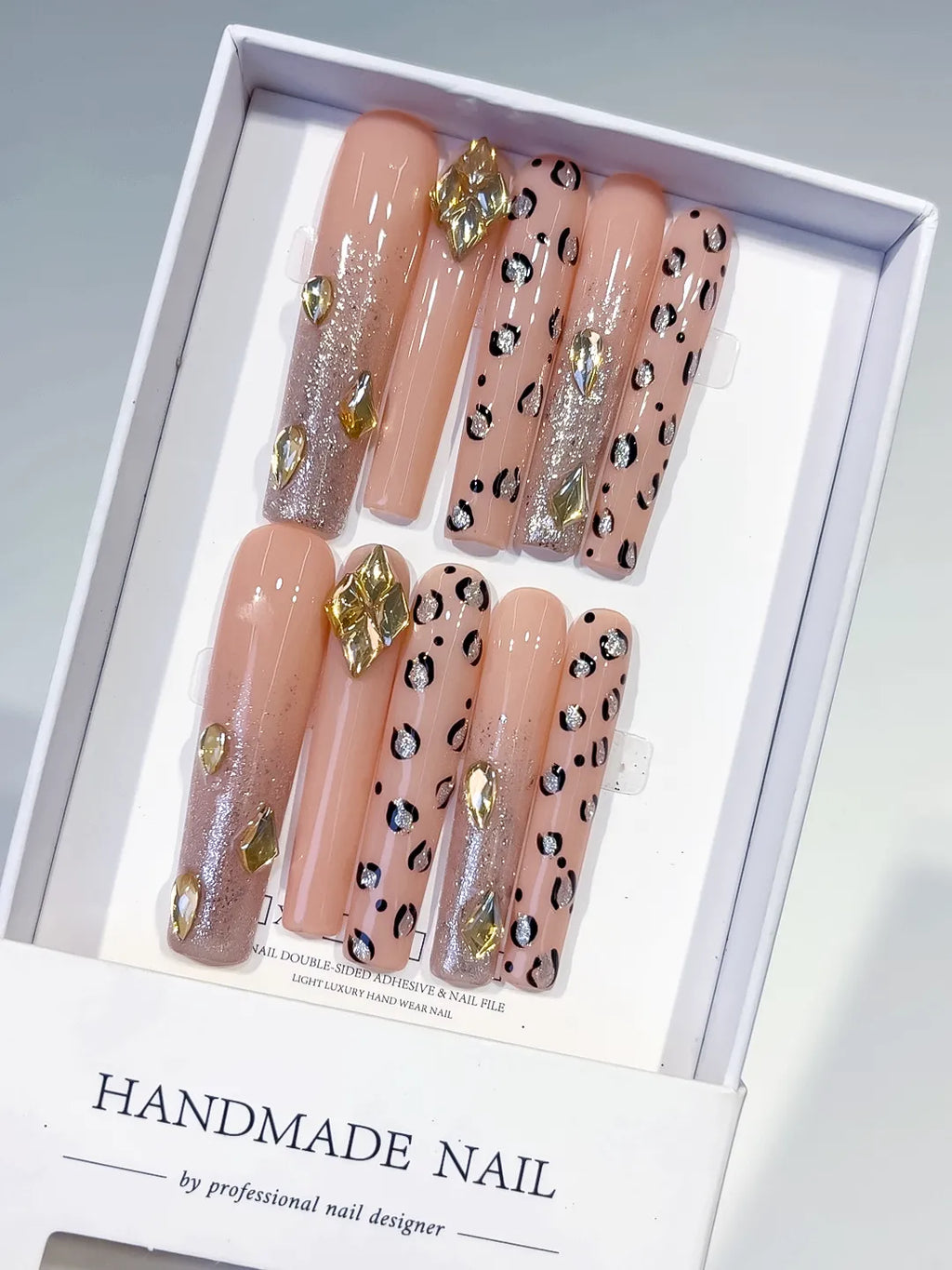 L174 - Long Nude Gold Square Abstract Animal Print Rhinestone