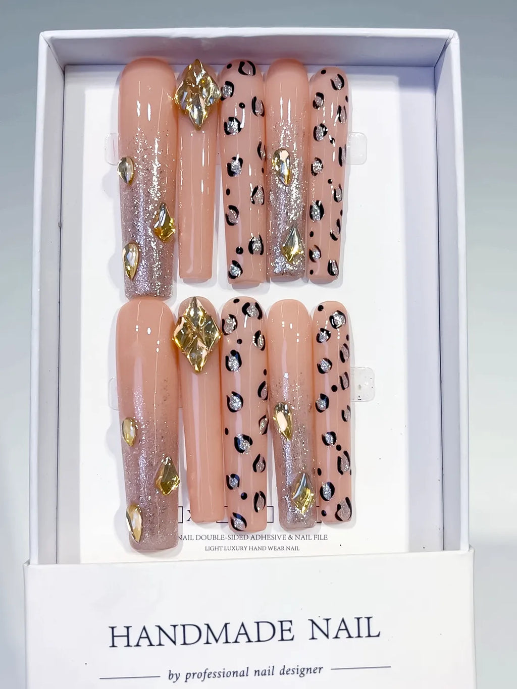 L174 - Long Nude Gold Square Abstract Animal Print Rhinestone