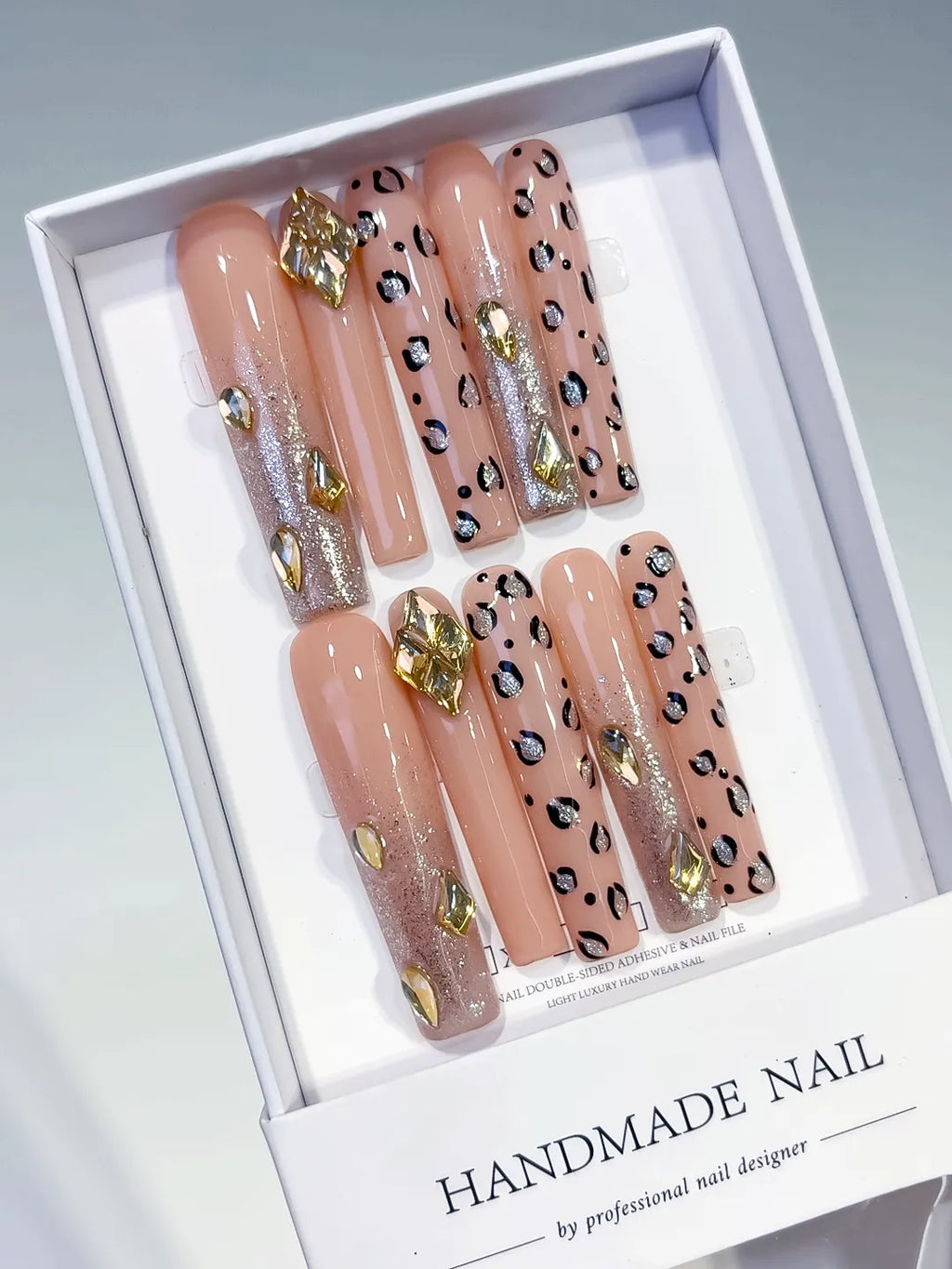 L174 - Long Nude Gold Square Abstract Animal Print Rhinestone