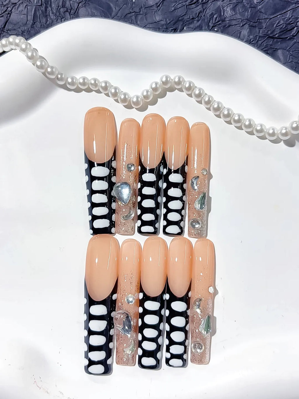 L175 - Long Nude Black Square Abstract Lattice Rhinestone