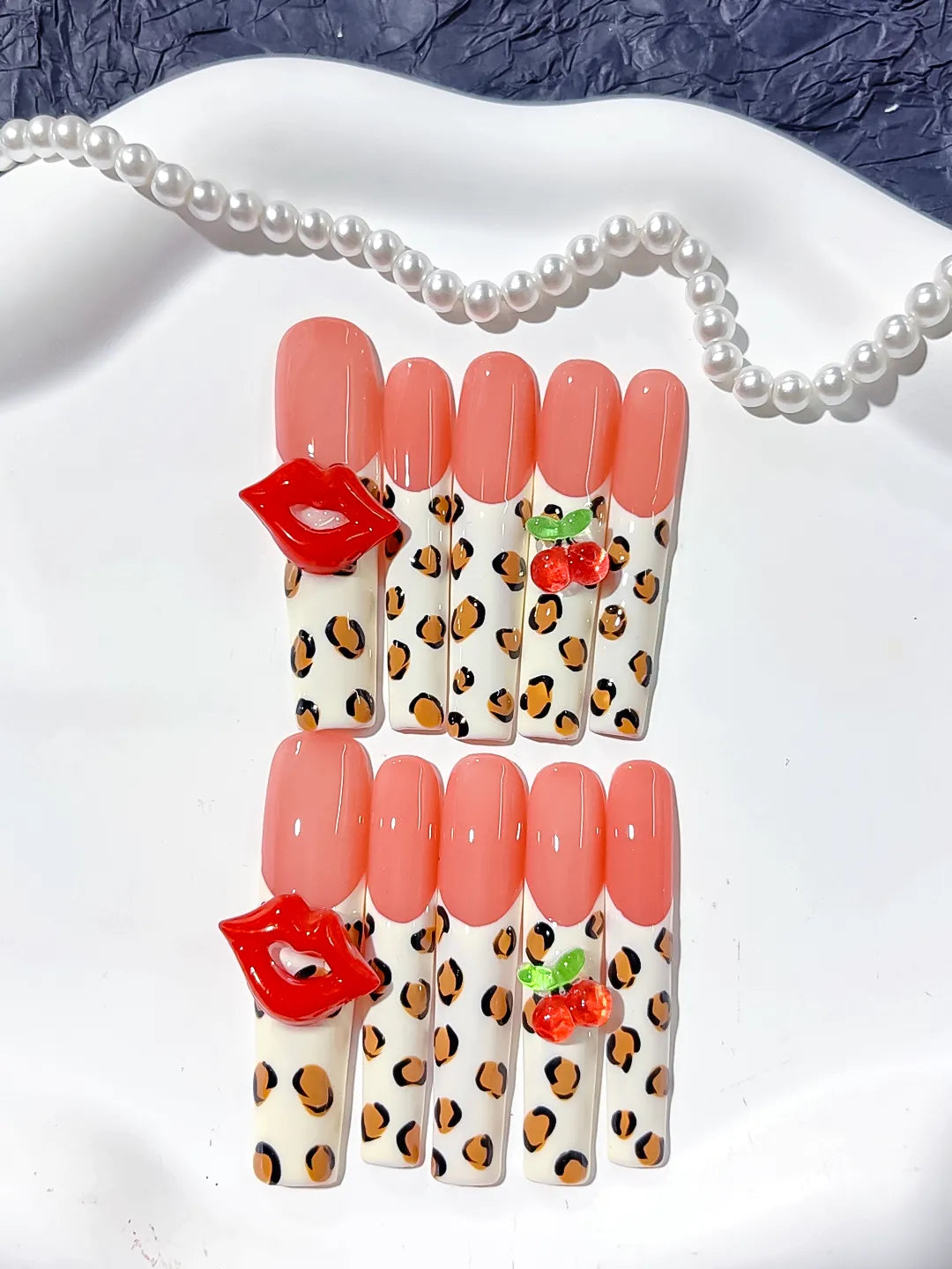 L176 - Long Nude Pink Square Abstract Lip Print Strawberry