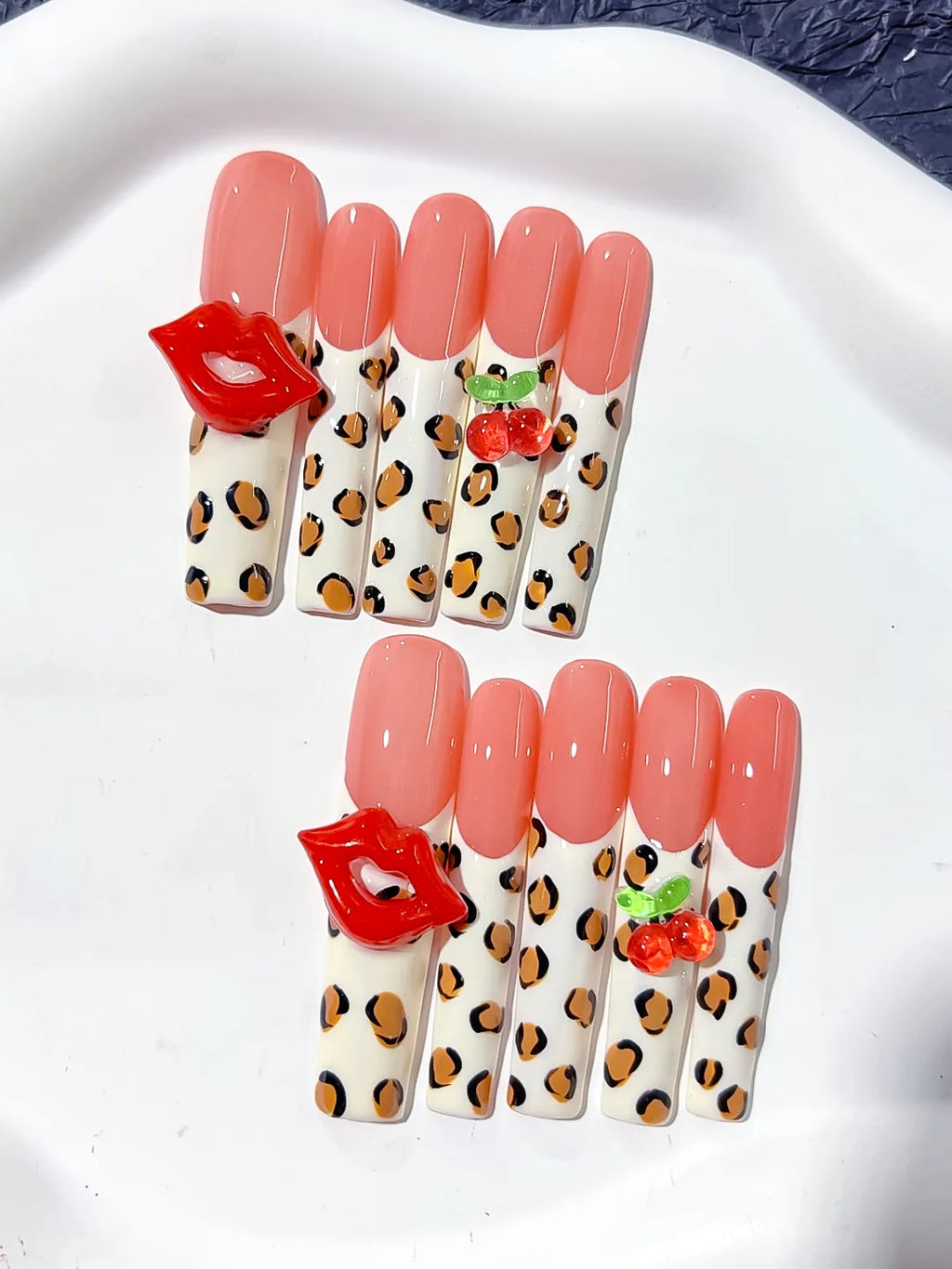 L176 - Long Nude Pink Square Abstract Lip Print Strawberry