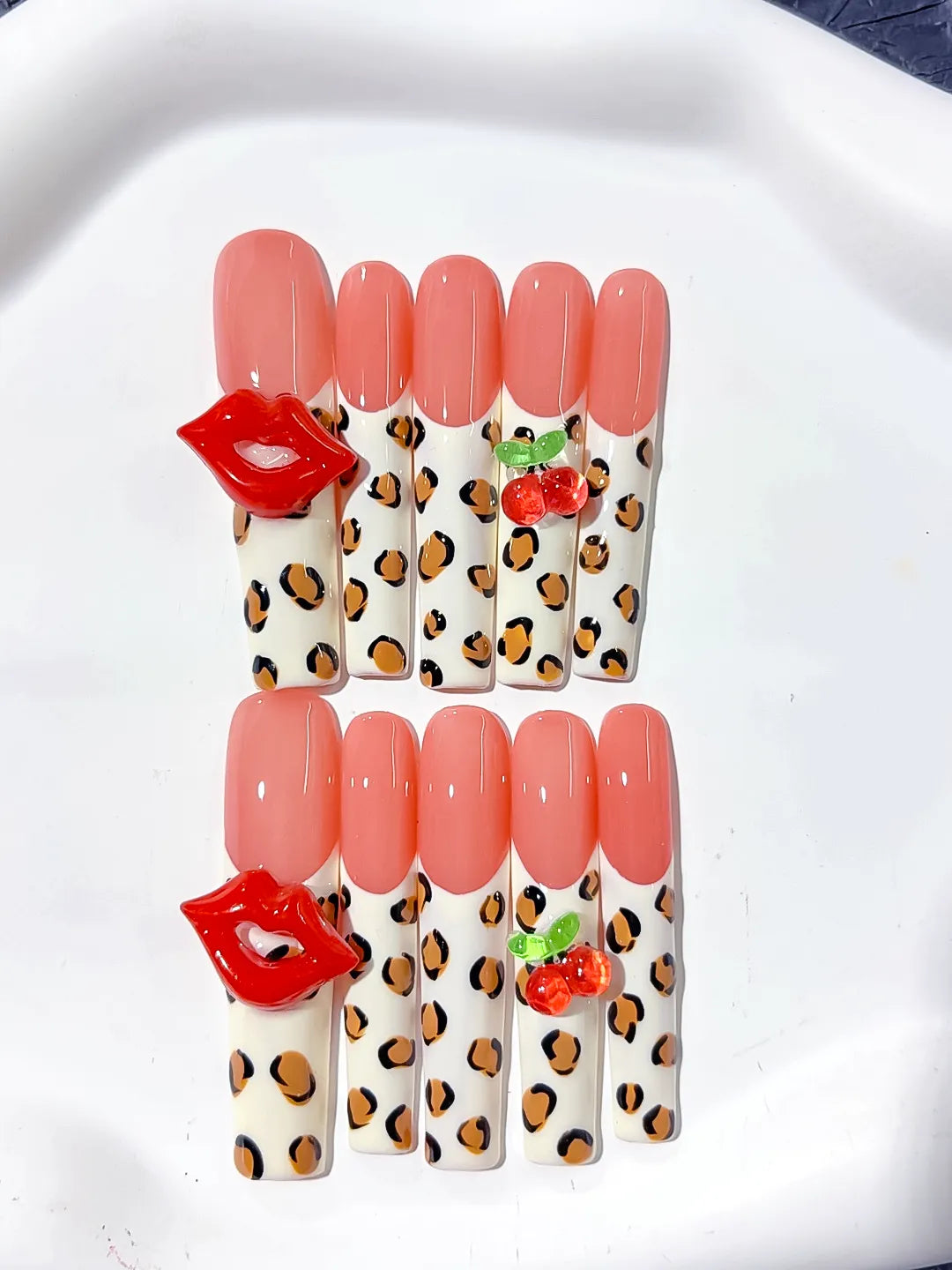 L176 - Long Nude Pink Square Abstract Lip Print Strawberry