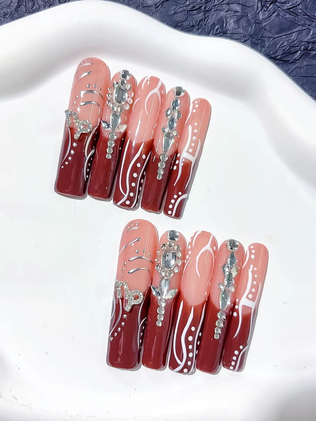 L178 - Long Nude Red Square Abstract Rhinestone