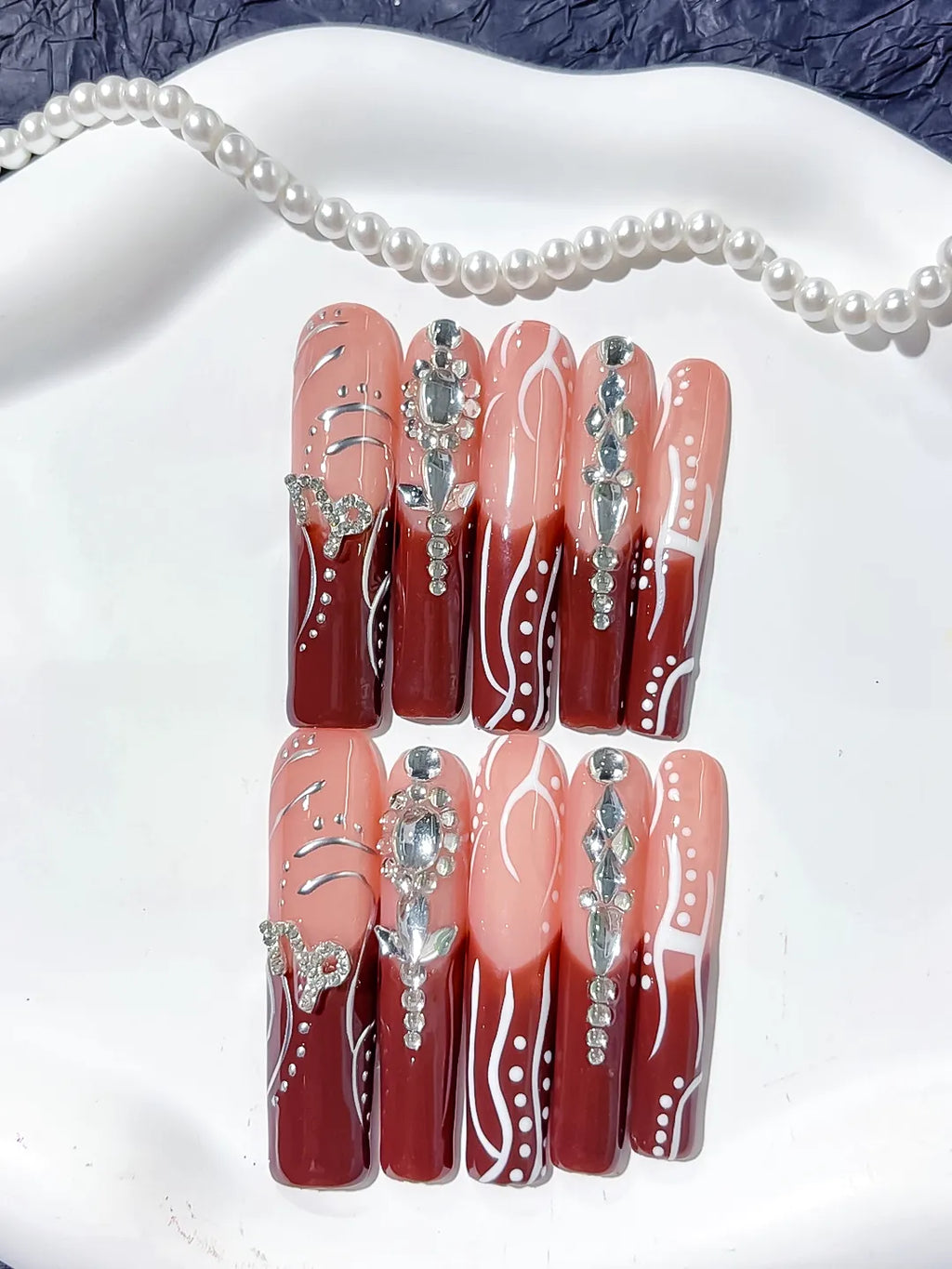 L178 - Long Nude Red Square Abstract Rhinestone