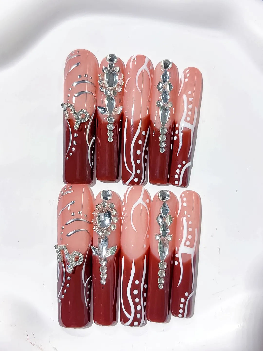 L178 - Long Nude Red Square Abstract Rhinestone