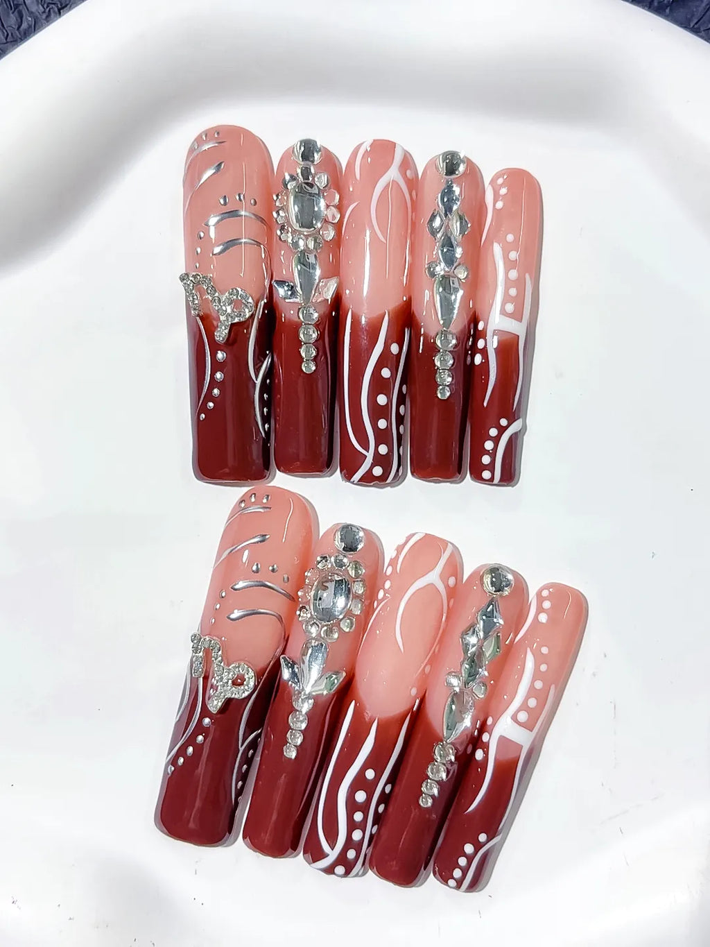 L178 - Long Nude Red Square Abstract Rhinestone