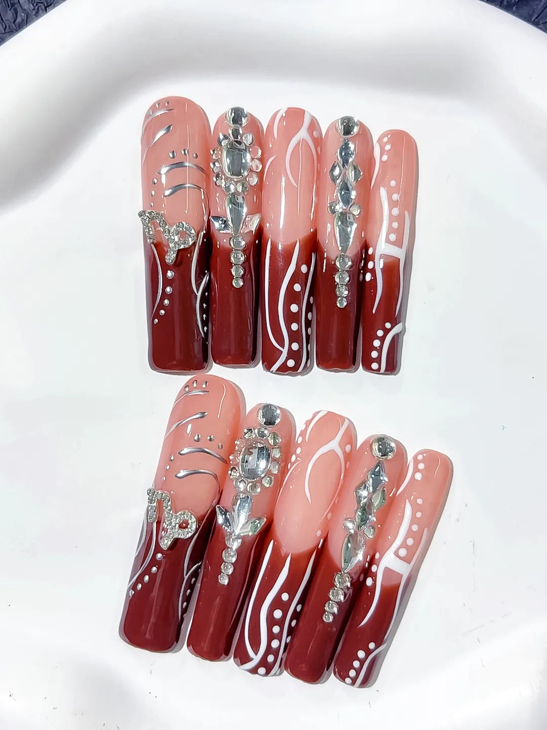 L178 - Long Nude Red Square Abstract Rhinestone