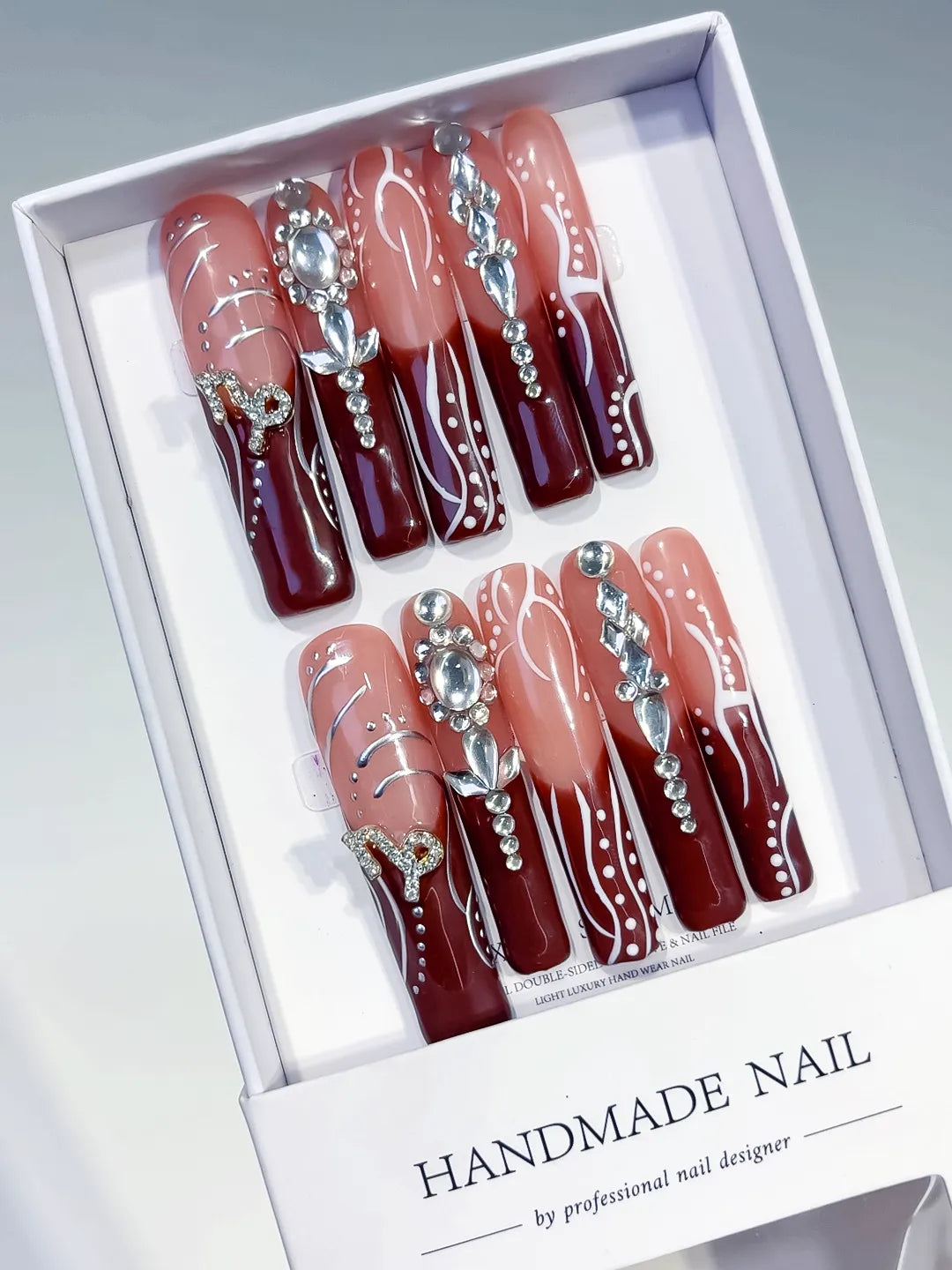L178 - Long Nude Red Square Abstract Rhinestone
