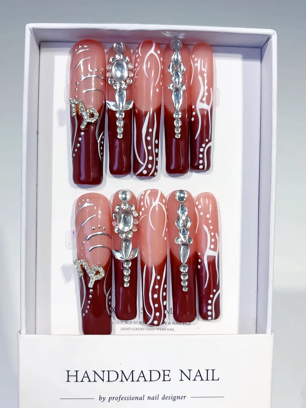 L178 - Long Nude Red Square Abstract Rhinestone