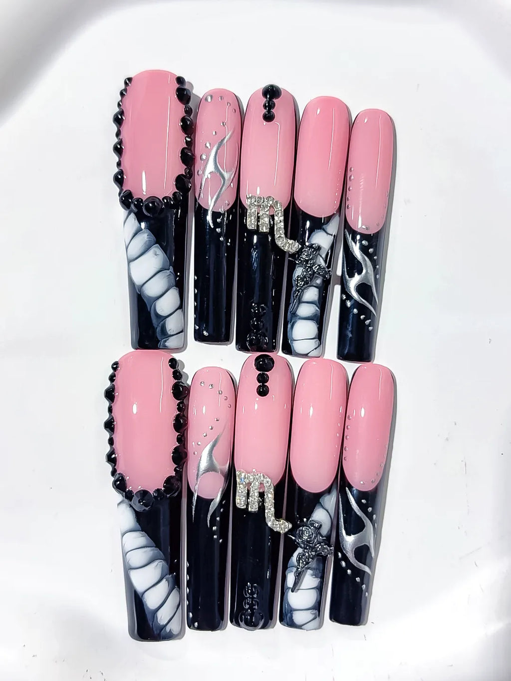 L179 - Long Pink Black Square Solid color Bow Rhinestone