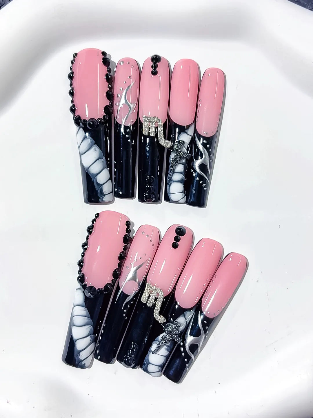 L179 - Long Pink Black Square Solid color Bow Rhinestone