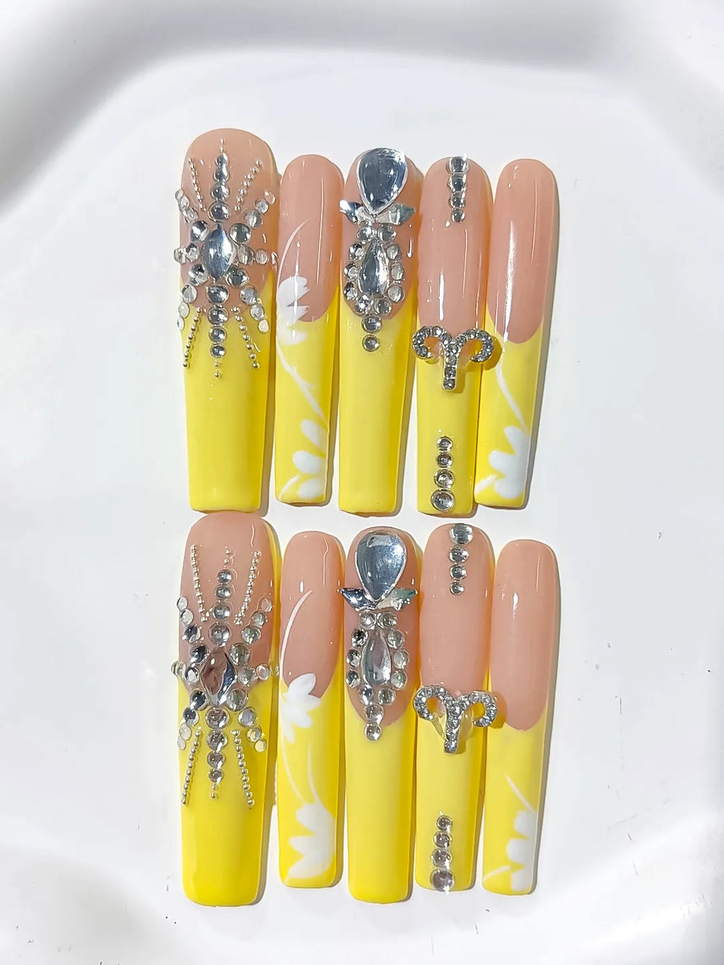 L180 - Long Nude Yellow Square Solid color Rhinestone