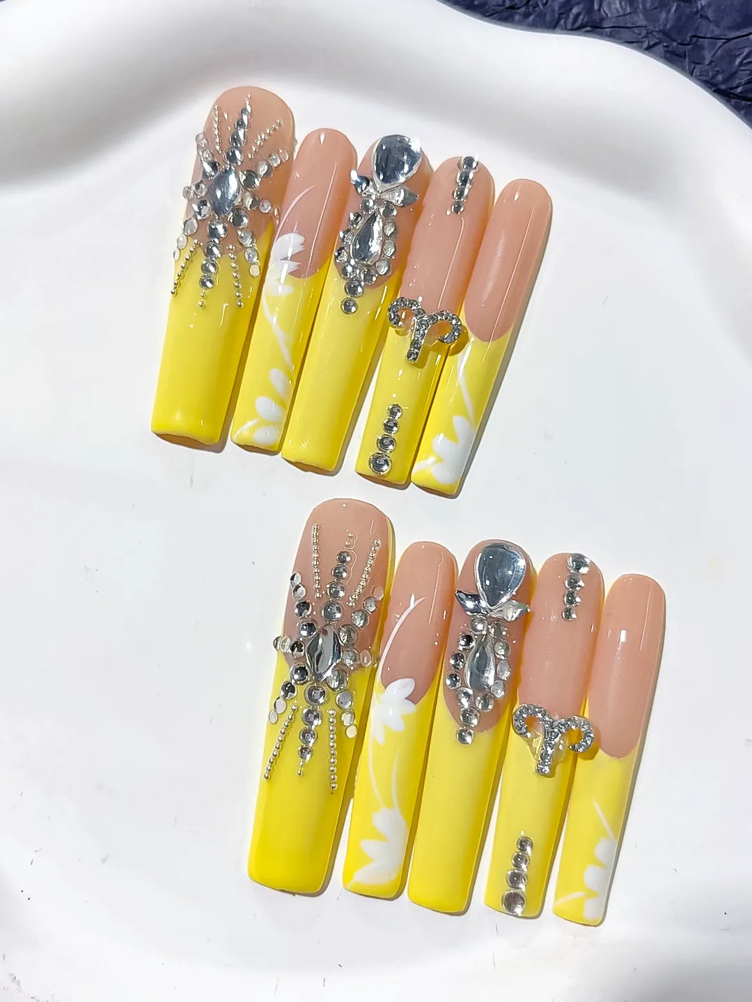 L180 - Long Nude Yellow Square Solid color Rhinestone