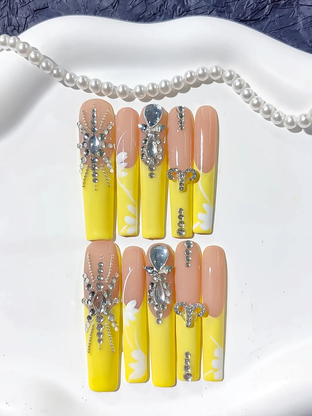 L180 - Long Nude Yellow Square Solid color Rhinestone