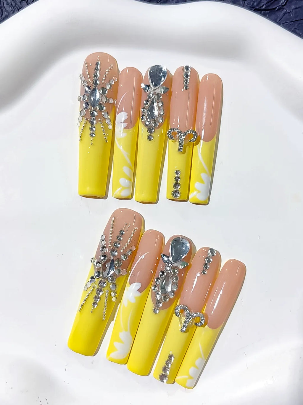 L180 - Long Nude Yellow Square Solid color Rhinestone