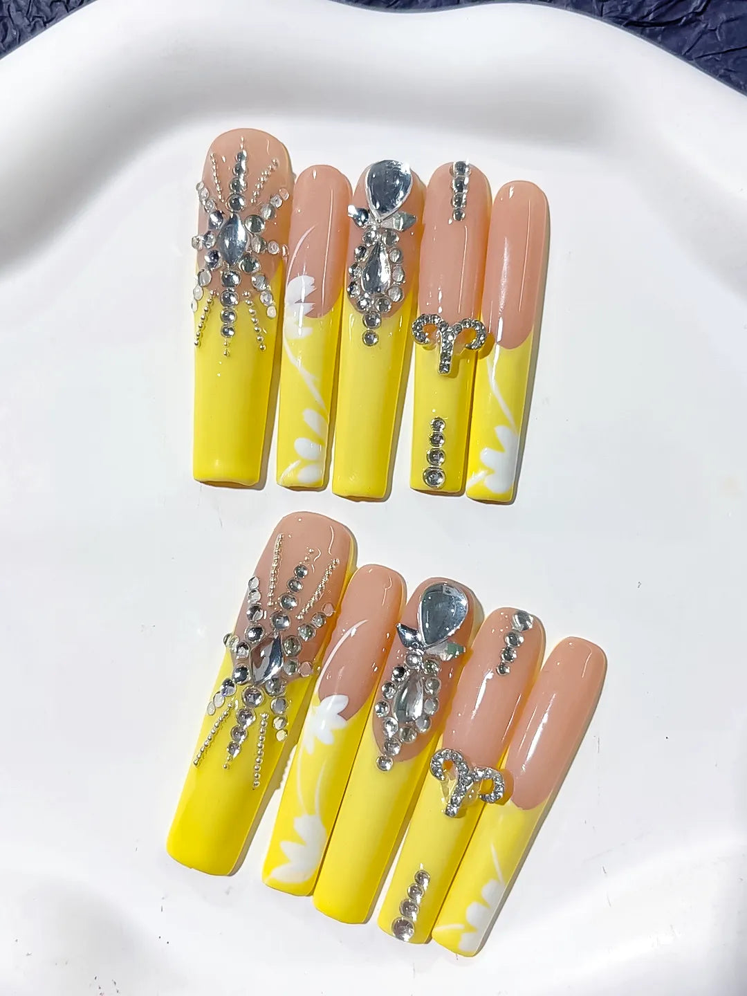 L180 - Long Nude Yellow Square Solid color Rhinestone