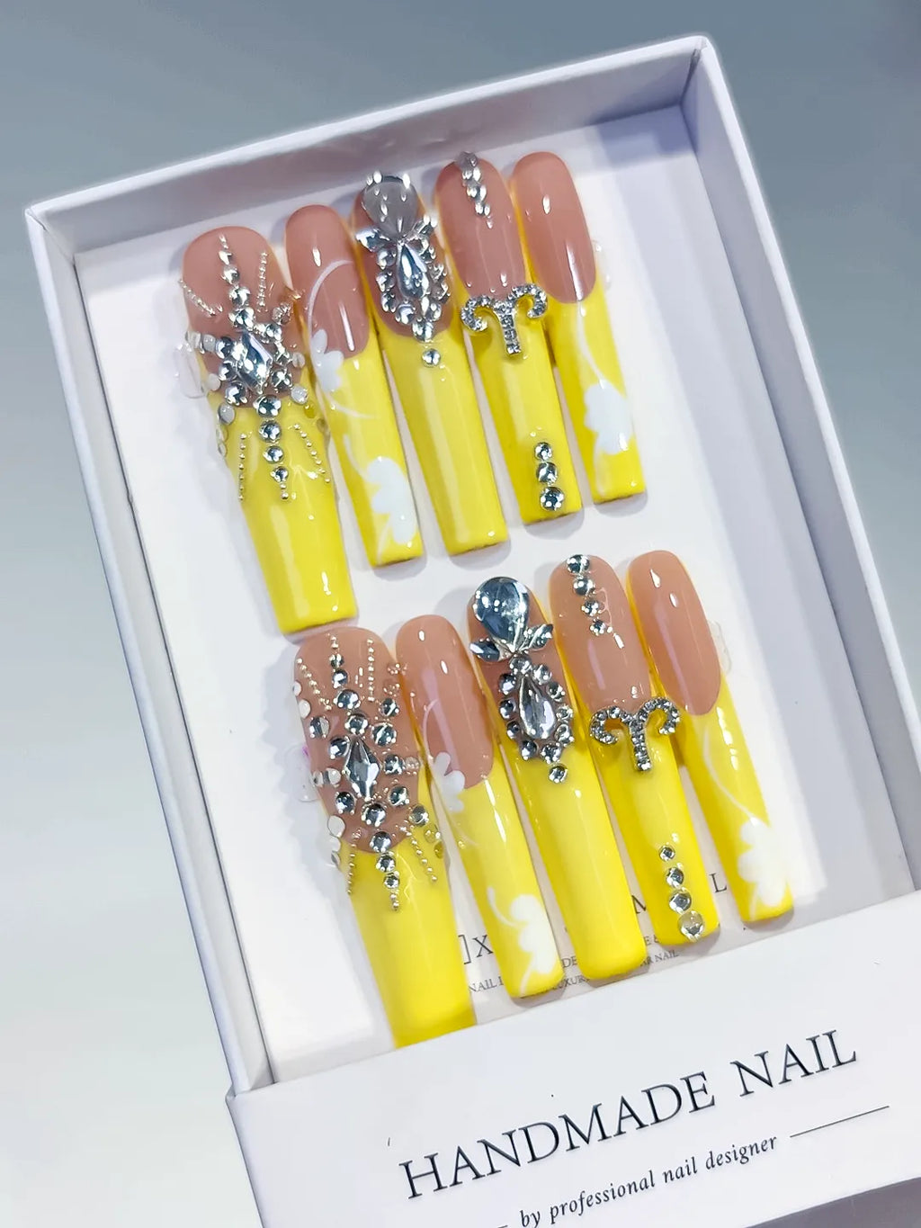 L180 - Long Nude Yellow Square Solid color Rhinestone
